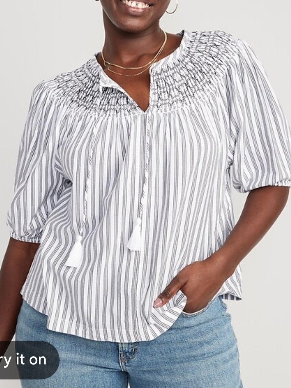 Old Navy Puff Sleeve Striped Smocked Embroidered Poet Blouse Size XXL